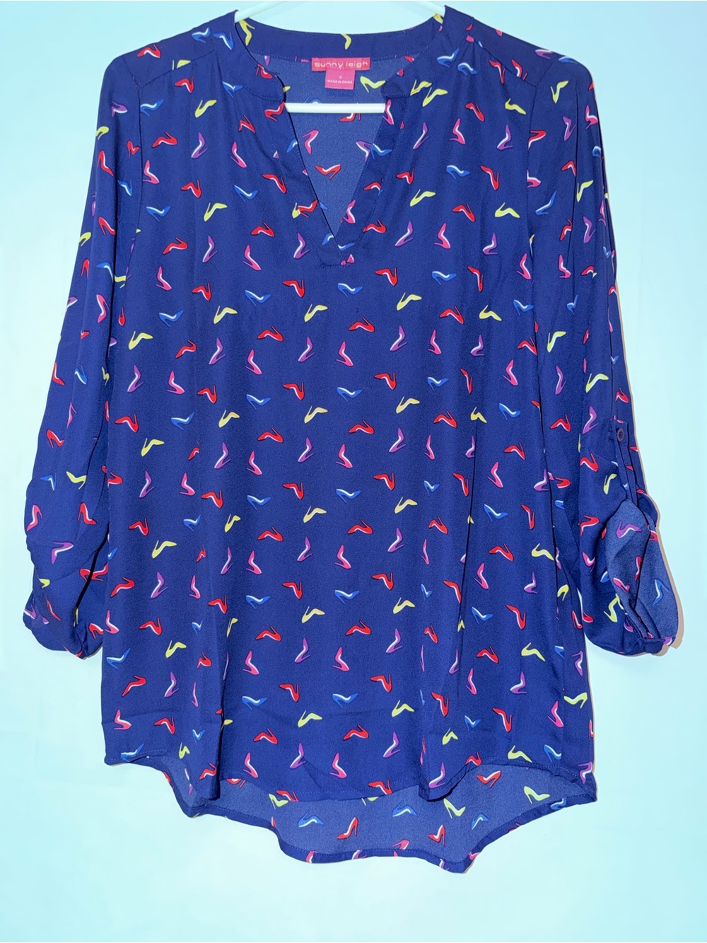 Sunny Leigh Navy Multicolor V-Neck Printed Blouse